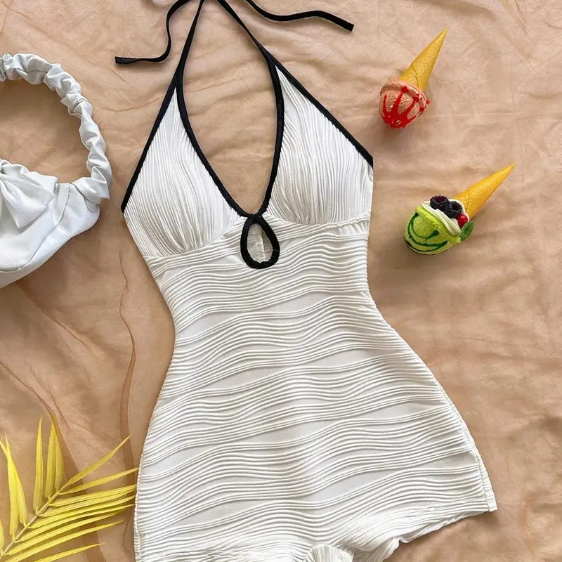White Halter Neck Swim Romper with Black Trim, Textured Wave Pattern One-Piece Swimsuit, Fashionable Swimsuit, Beach Party Swimsuit, Y2K & Coquette Aesthetic, Slim Fit, Perfect for Beach, Pool Parties & Vacation, Textured Swimwear, Beachwear Swimsuits