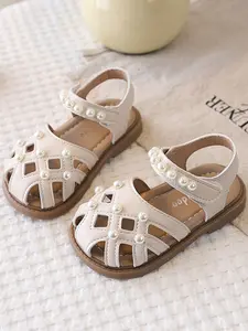 Girls' Summer Beaded Trendy Sandals Pearl Decor Geometric Cut-Out Design Soft Comfortable Lightweight Breathable Ideal Gift for Girls Ages 1-6