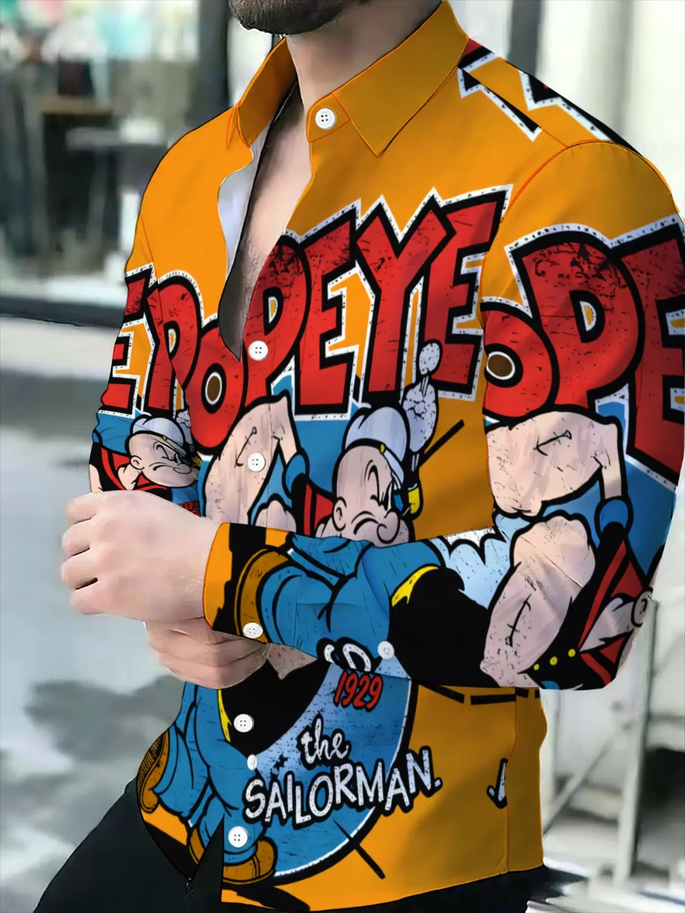 Men's long-sleeve shirt with Popeye cartoon graphic novelty pattern