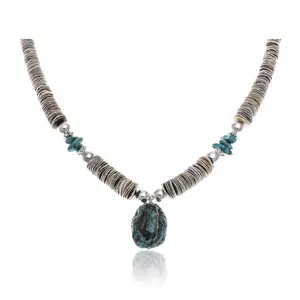Natural Turquoise Graduated Melon Shell .925 Sterling Silver Certified Authentic Navajo Native American Necklace 390660320661