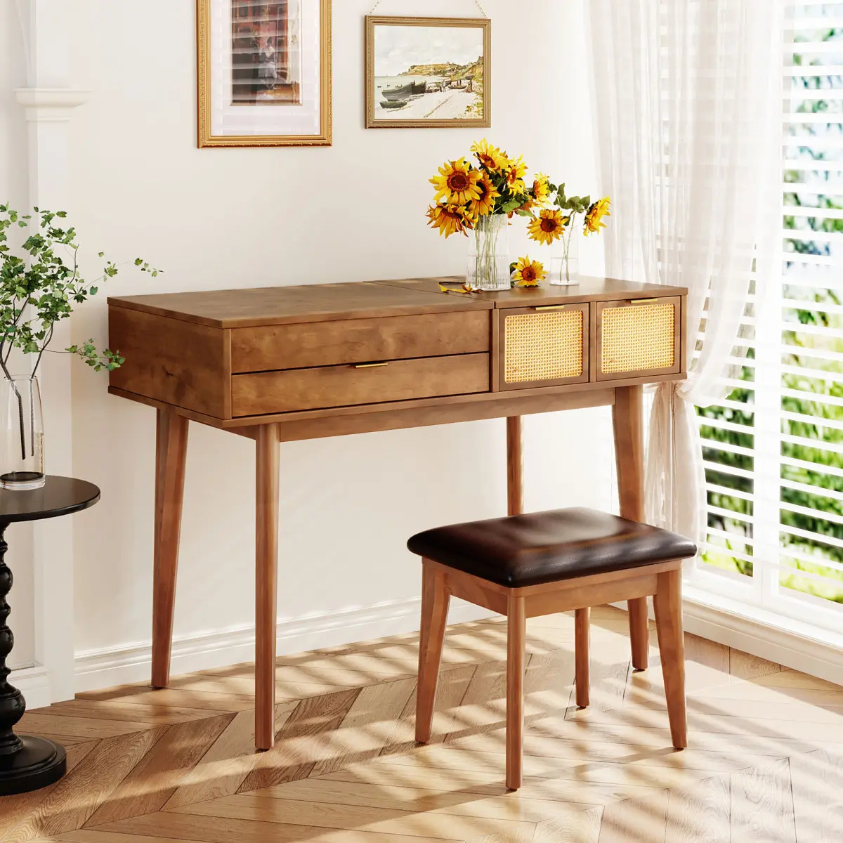 Aobtkel43.3" Classic Wood Makeup Vanity Set with Flip-top Mirror and Stool, Dressing Table with Three Drawers and storage space, Brown
