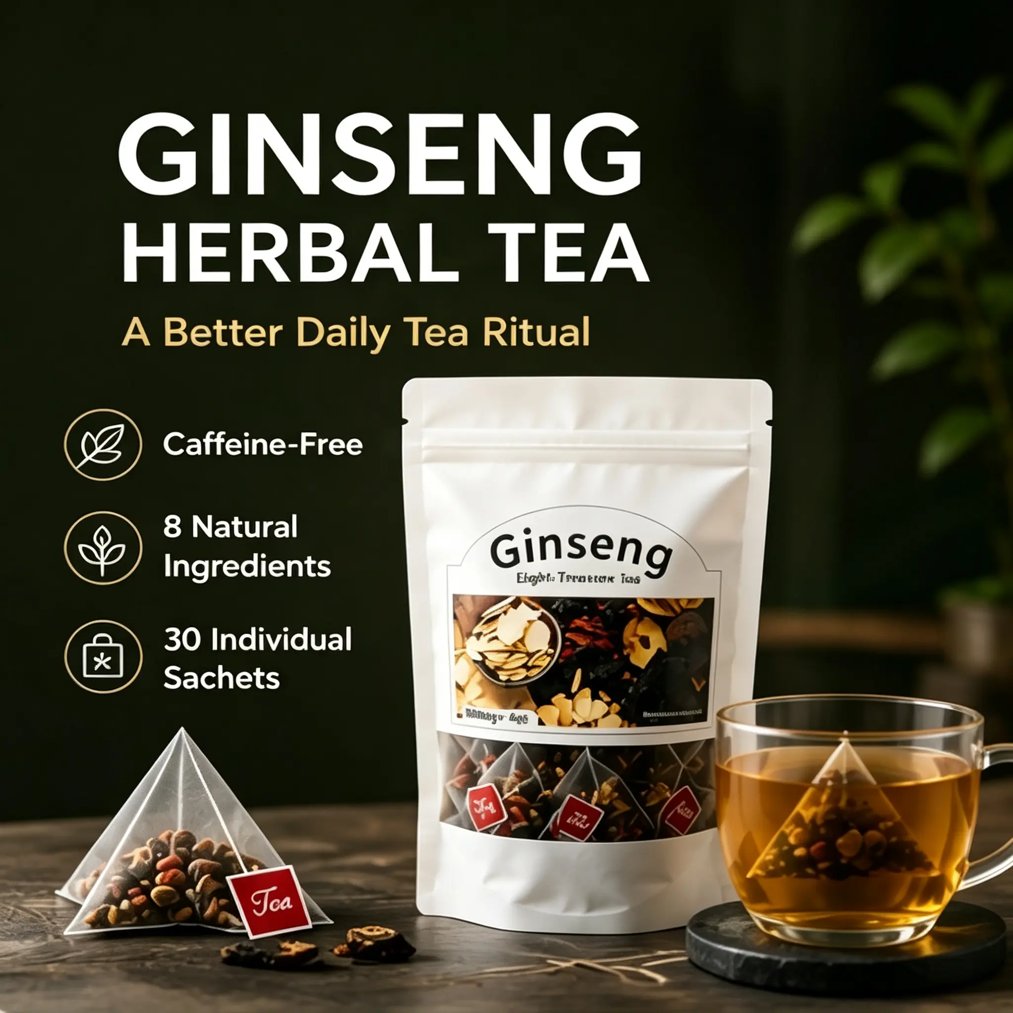 Organic Premium Ginseng Herbal Tea Bags - Caffeine-Free Natural Blend with Red Date, Goji Berry - 8 Natural Ingredients Pyramid Sachets for Energy, Relaxation