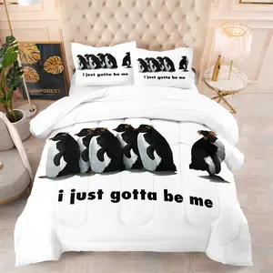 Trendy Penguin Slogan Comforter Set Including 1 Quilt And 1-2 Pillowcases, Personalized English slogan with cute penguins, eye-catching and unique, warm and pill-resistant, washable and durable.