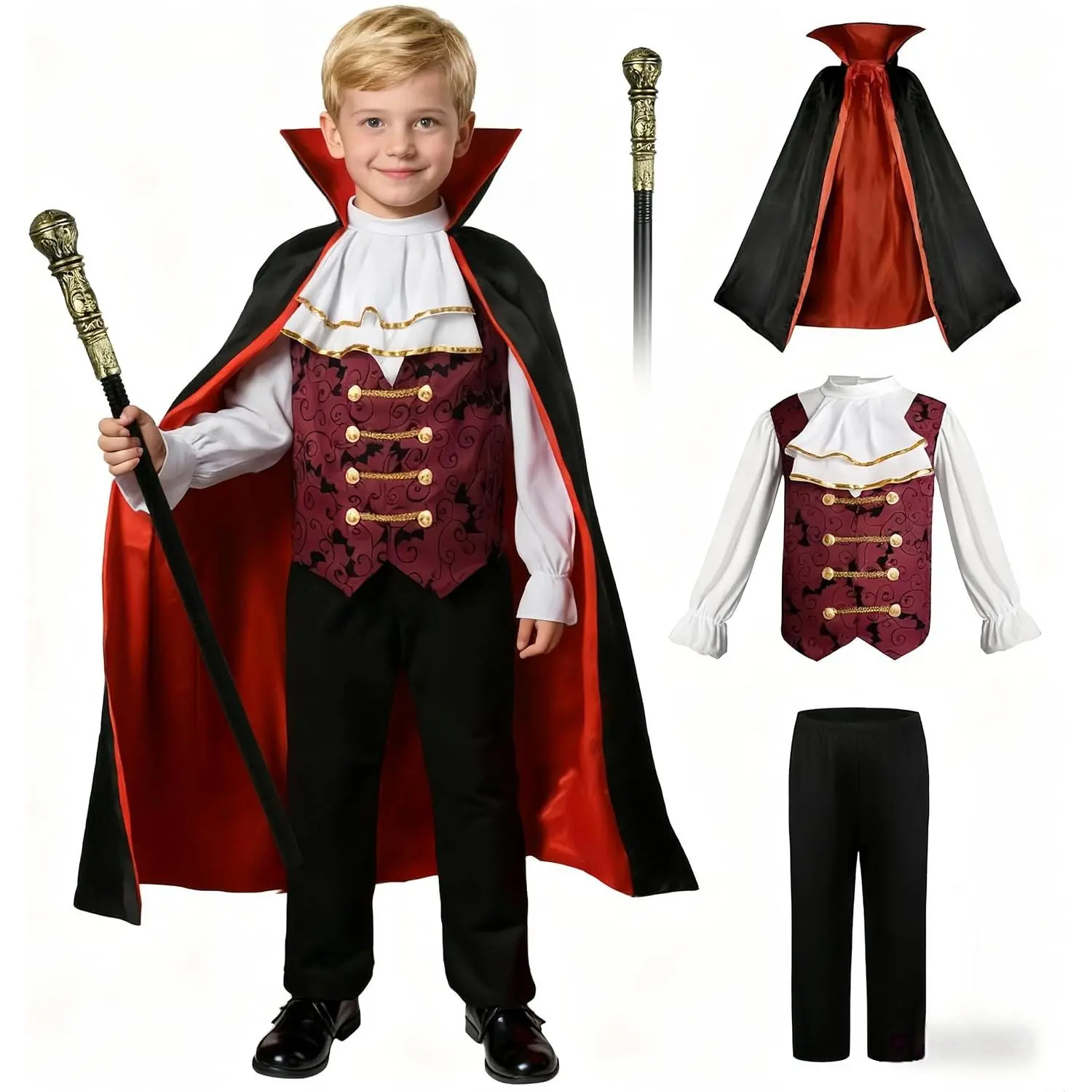 Boys' 4-Piece Victorian Gothic Vampire Costume, Halloween Cosplay Outfit with Shiny Satin Vest, Hooded Cape, Pants, and Wand, Sleeves, Classic, Elegant, Clothes, Menswear, Matching