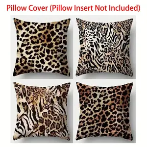 4 pcs Wild Animal Print Pillow Covers Set: Leopard Print & Leopard-Zebra Print Combination Decor Patterns, Cushions for Living Room Sofa/Bedroom, Washable Polyester, Multiple Sizes, No Insert