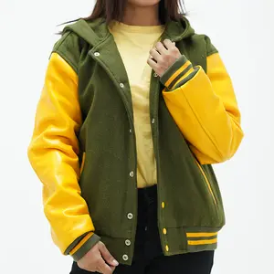 Women's Green And Yellow Varsity Hoodie Leather Arms And Wool Body