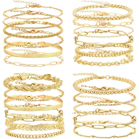 Women's 23PCS Gold-Plated Alloy Bracelet & Ankle Set - Adjustable Layered Paperclip/Cuba Link/Mirror Chain, Dainty Hypoallergenic, Durable and Lightweight, 6.8"+2" Fit, Wrist Candy, Ideal Birthday Gift for Female Costume Jewelry