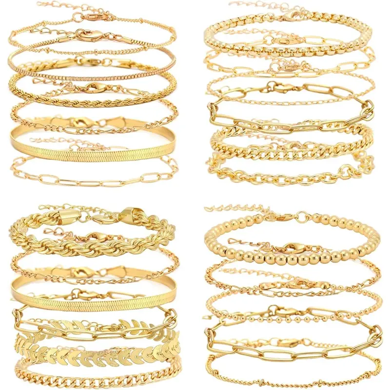 Women's 23PCS Gold-Plated Alloy Bracelet & Ankle Set - Adjustable Layered Paperclip/Cuba Link/Mirror Chain, Dainty Hypoallergenic, Durable and Lightweight, 6.8"+2" Fit, Wrist Candy, Ideal Birthday Gift for Female Costume Jewelry