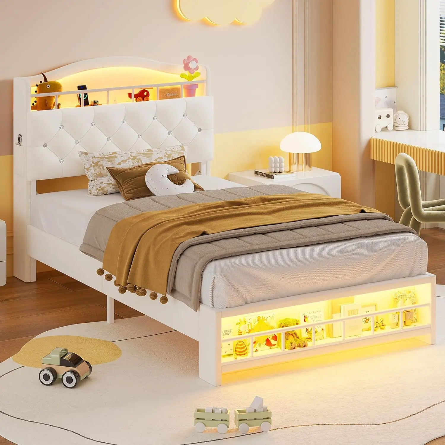 [SummerSale] Sikaic Bed Frame with LED Lights, Princess Velvet Upholstered Platform Bed for Girls, Headboard with Charging Station & Guardrail & Crystal Button, No Box Spring Needed, Home Furniture, Dorm Essentials