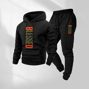 Men's Blessed Print Hooded Sweatshirt And Drawstring Sweatpants Set, Men's Clothing, Casual Sports Long-Sleeved Hooded Jacket And Pants, Suitable For Autumn And Winter Wear, Men's Everyday Casual Wear, Indoor And Outdoor Sportswear, Tracksuit.