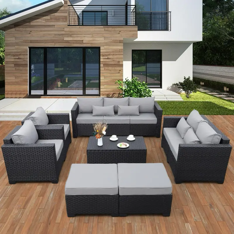 Rattaner Patio Furniture Sets 7 Pieces Outdoor Furniture Sectional Patio Couches Set Storage Table Non-Slip Grey Cushions and Waterproof Covers