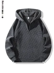 Autumn Winter Men's Houndstooth Texture Fleece-Lined Warmth Hooded Half-Zipper Fashion Solid Color Sweatshirt Beige Black Casual Plain Long Sleeve Pullover Streetwear Breezy Bowl Outfits Quarter Zip Men breezy bowl outfits