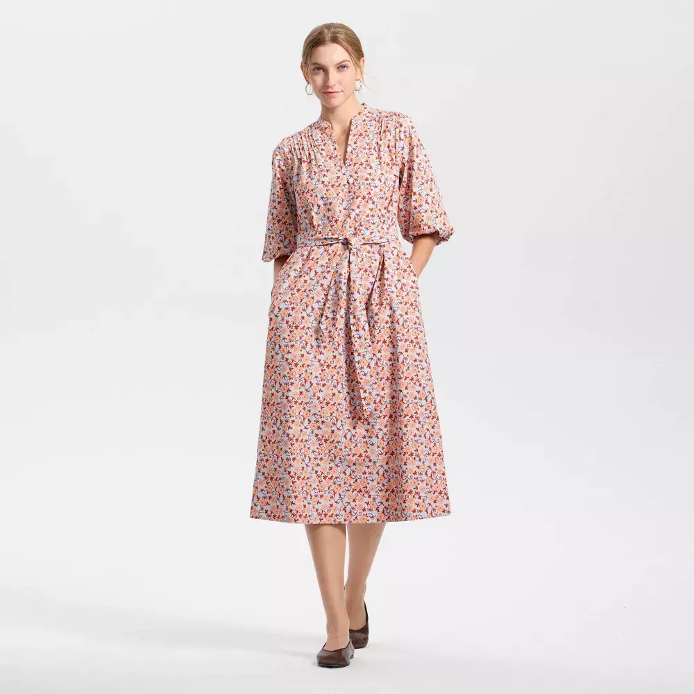 Women's Cute Soft Woven Puffed Elbow Sleeve Midi Shirtdress - Twist Detail, Breathable Fabric, Pocket, Elegant Casual Wear