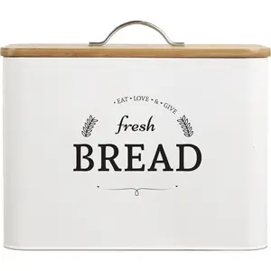 White Farmhouse Bread Box for Kitchen Countertop - Breadbox Holder Fits 2+ Loaves - Bread Storage Container Bin - Rustic Bread Keeper  Metal Kitchen Decor (White with  Lid)