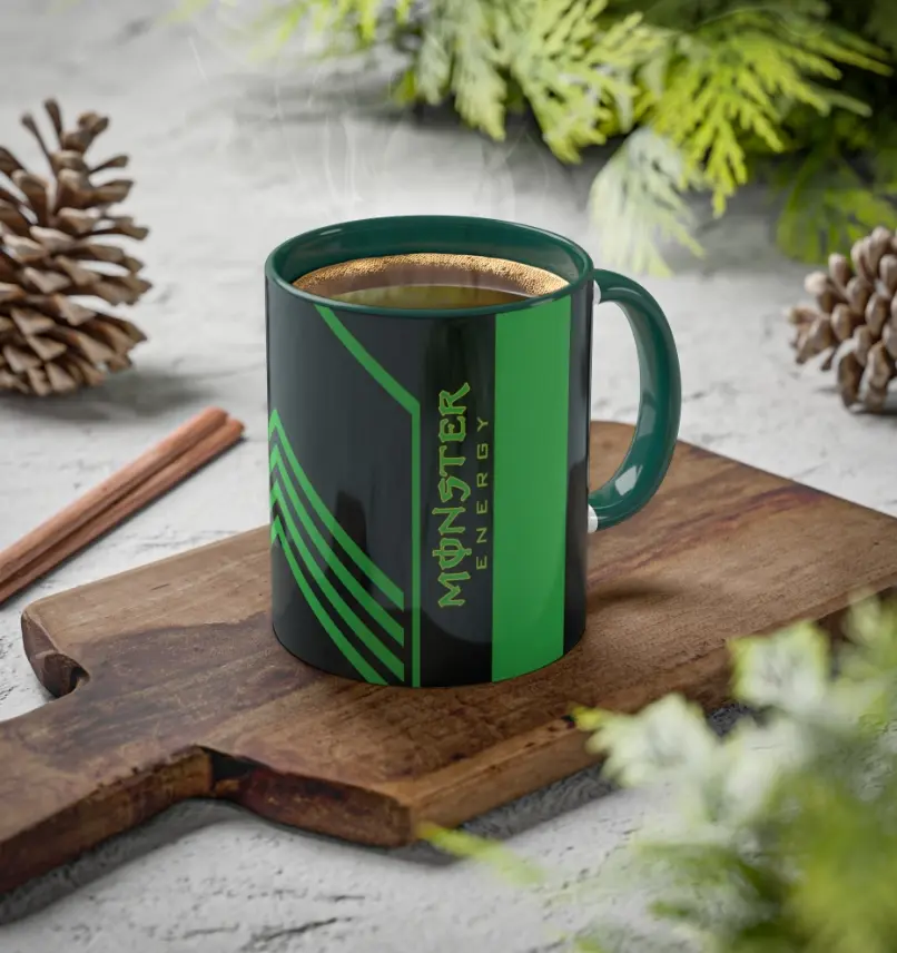 Green Monster Mug, Energy Booter Colorful 11oz Mug, Ceramic Colorful Handle Drinkware, Glossy Ceramic Mug
