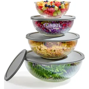 8pc Ribbed Glass Mixing Bowls with Leakproof Airtight Lids, BPA-Free Stackable Space Saving Nesting Containers for Kitchen Baking Food Storage & Serving, Microwave Freezer Dishwasher Safe