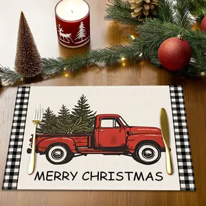 4/6pcs Christmas decorative placemats, red truck Christmas tree patterned plate mats, Christmas ball Christmas cottage winter table mats, coasters, dessert gingerbread man printed table anti slip insulation mats, home kitchen table decorations, gifts