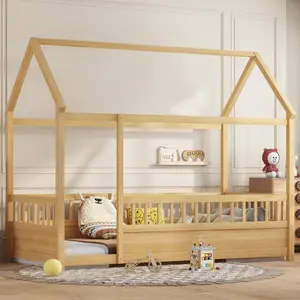 [Bellemave]Twin /FullSize Floor Wood Bed with Fence, House Bed for Kids,(Without mattress)