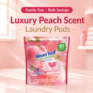 1Bag/4 Bags Laundry Detergent Pods, 30 Pcs/Bag, Family Size, BloomWell Miss Peach, 3D Fragrance Lock-In Microcapsule Beads, Long-Lasting Scent, Luxury Fragrance, Stain Removal, HE Compatible, Laundry Pods for Fresh Clothes