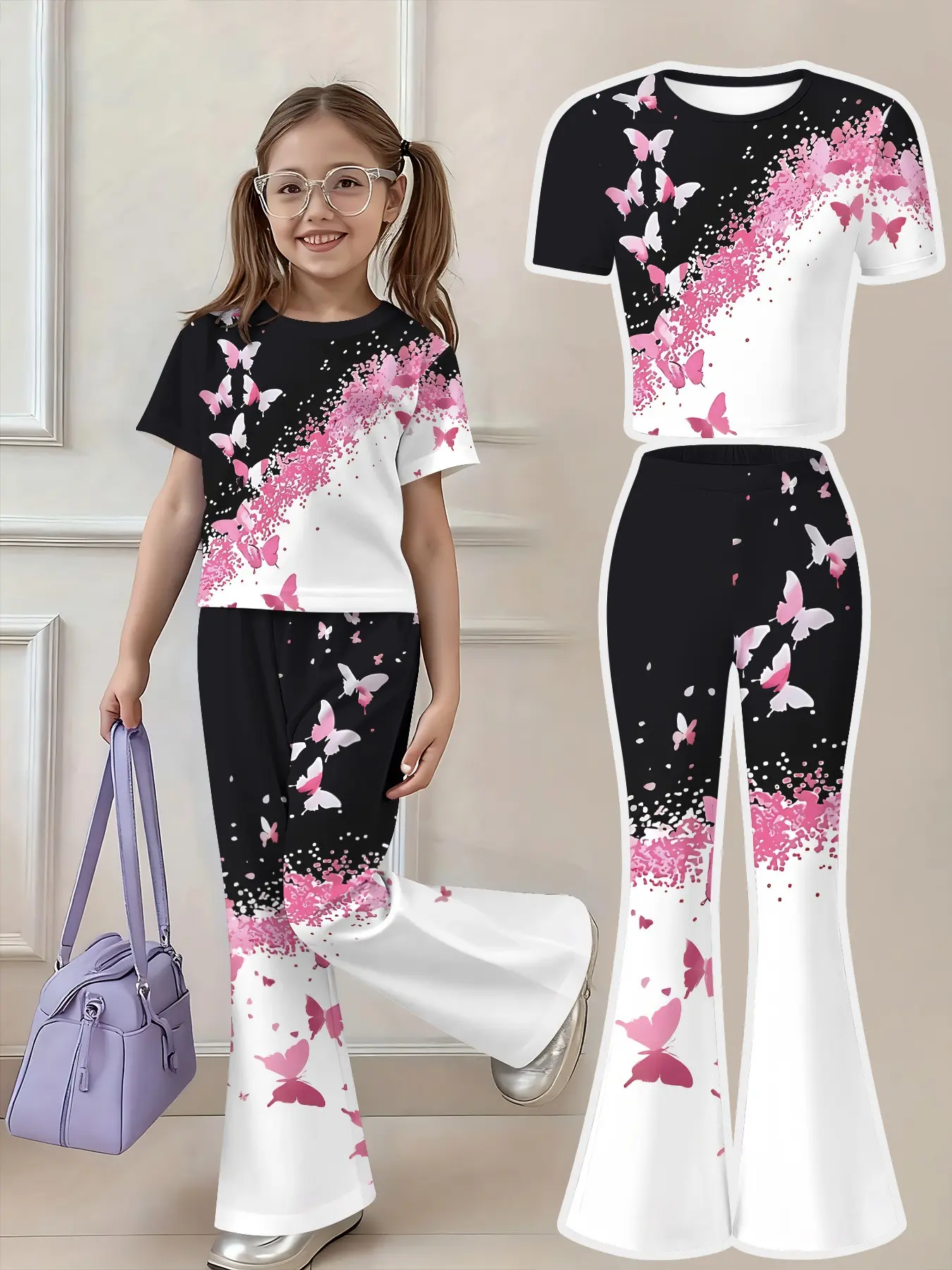 Girls' Fashion Butterfly Print Short Sleeve Top and Bell Pants Set, Casual Comfortable, All-Season, Summer Outfits Set
