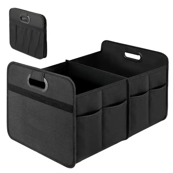 Universal Car Trunk Organizer 2 Compartment Collapsible Cargo Storage Box with Anti-Slip Bottom, Waterproof 600D Oxford Pocket Caddy for SUVs, Trucks, & Minivans, Black