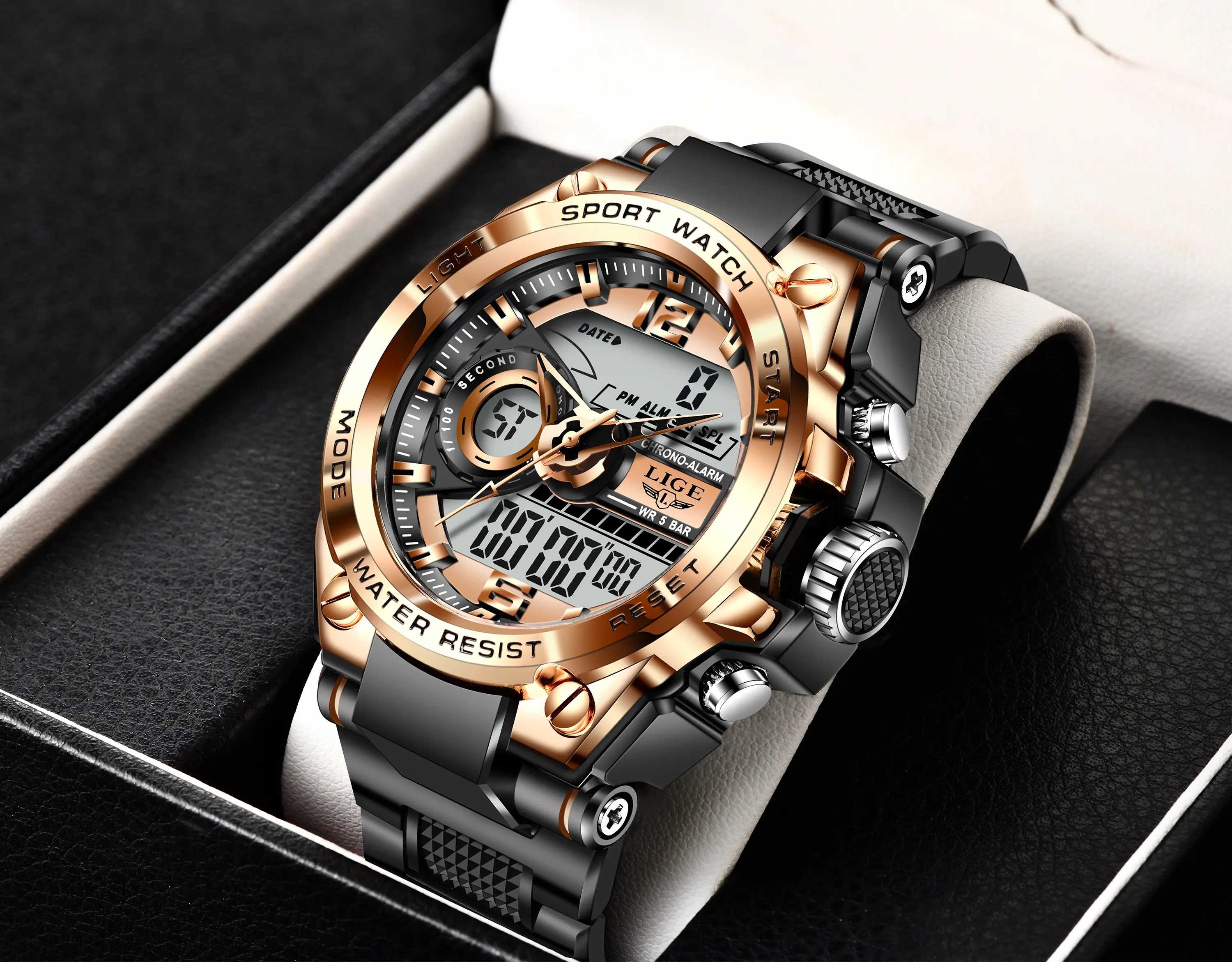 LIGE Men's Digital Analog Quartz Wristwatch - Digital Wristwatch with Calendar, Running Seconds, Active Luminous, Waterproof for Sports, Quartz Digital Watch