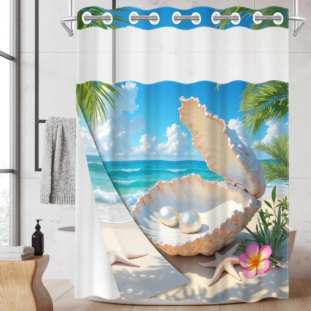 1PC/4PCS 2D Printing Blue and White Beach Pearl Shell Patterned Decorative Shower Curtain, home bathroom decor, Bathroom Decoration Accessories, shower curtain set with 12 hooks, non-slip bathroom rug, U-shaped toilet seat cover, Bathroom Curtains