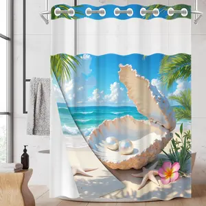 1PC/4PCS 2D Flat Printing Blue and White Beach Pearl Shell Patterned shower curtain, home bathroom decor, shower curtain set with 12 hooks, non-slip bathroom rug, U-shaped toilet seat cover, toilet seat mat, Decoration