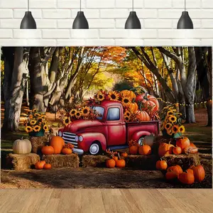 1pc, 2d, Fall Harvest Red Truck Backdrop, Vintage Pumpkin Sunflower Autumn Design, Thanksgiving Party Banner, Perfect for Harvest Festival, Fall Themed Party, Photoshoot Background