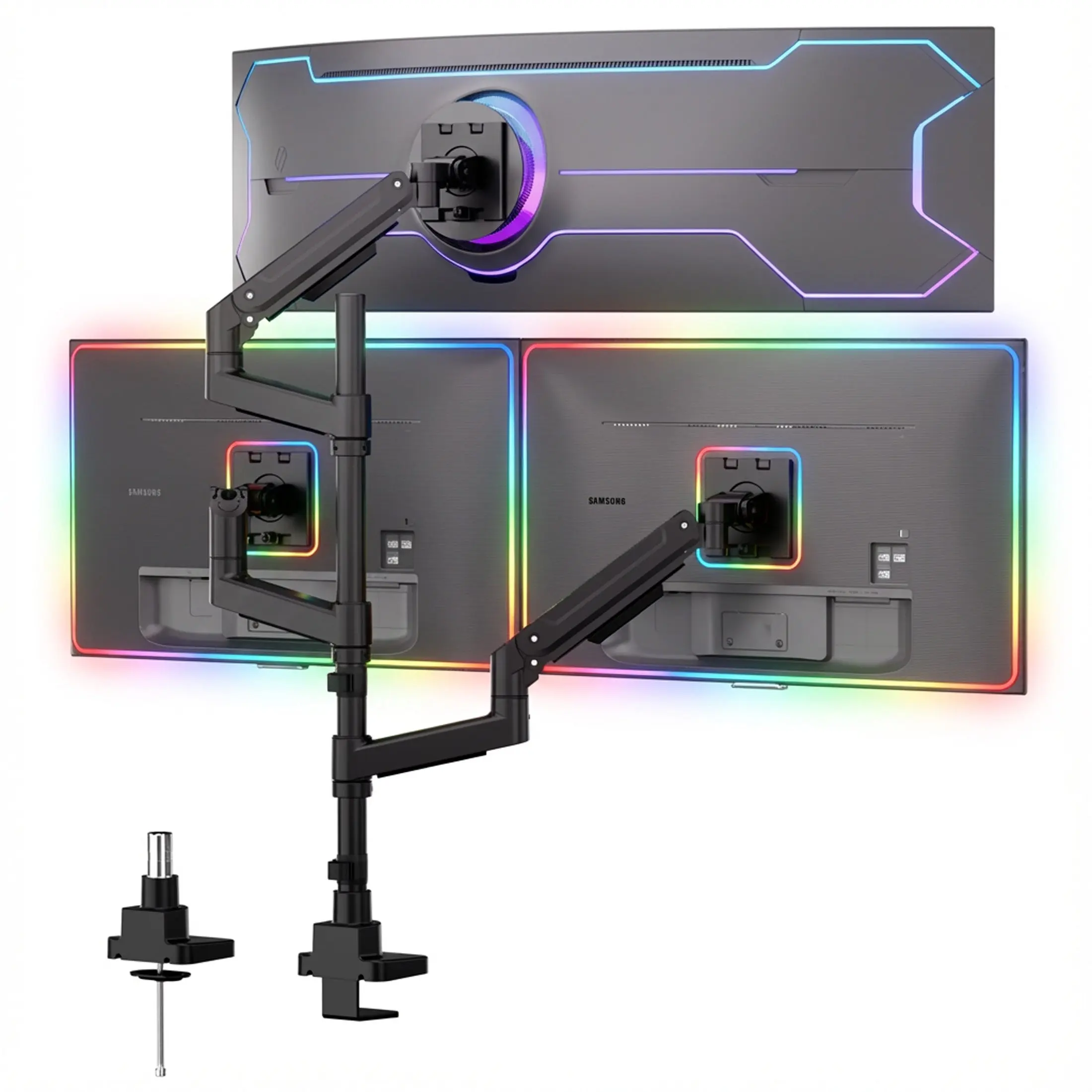 Mount-It! Adjustable Triple Monitor Mount for 24"-49" Ultrawide Screens, Sturdy Alloy Steel Stacked Monitor Arm Stand for Computer Desk with Height Adjustment, Clamp/Grommet