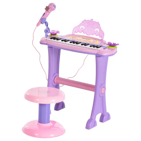 Qaba 32-Key ABS Princess Toddler Piano, Educational Musical Kids Toy Keyboard with Stool, MP3, Record, Flashing Lights, Microphone, Cool Gifts for 3-6 Years Kid Girls