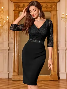 MIUSOL 54533A Floral Lace V Neck 3/4 Sleeve Sequin Waist Wrap Hem Cocktail Party Fitted Dress, Semi Formal Women Dress