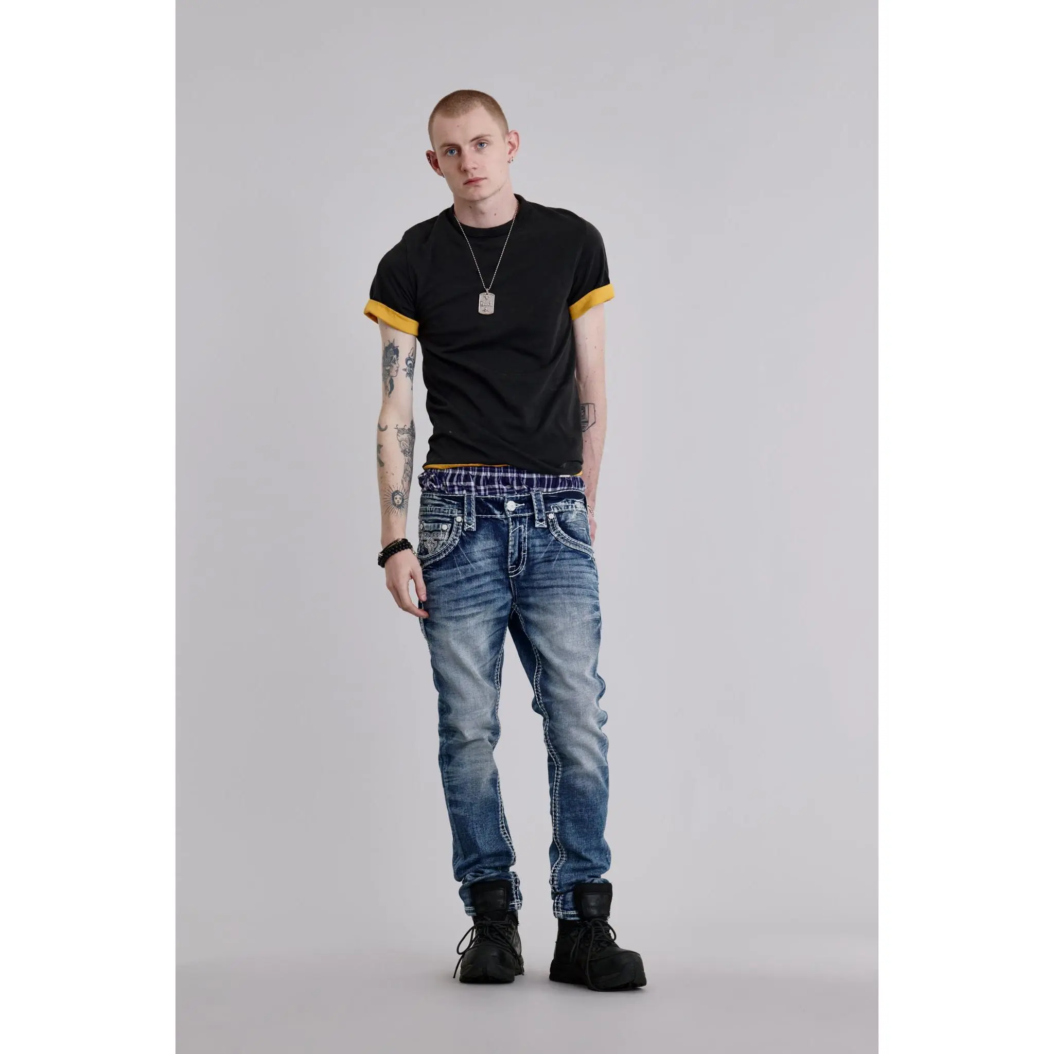 Rock Revival Men's Landon Alt Elastized Straight-Leg Sturdy Embellished Stretch Denim Jeans - Menswear Pants with Embroidery Accents, Leather Details, Pocket Design for Casual Streetwear, Elastized Men's Jeans, Straight-Leg Men's Jeans