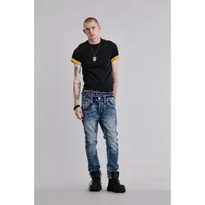 rr Men's Landon Alt Elastized Straight-Leg Sturdy Embellished Stretch Denim Jeans - Menswear Pants with Embroidery Accents, Leather Details, Pocket Design for Casual Streetwear, Elastized Men's Jeans, Straight-Leg Men's Jeans