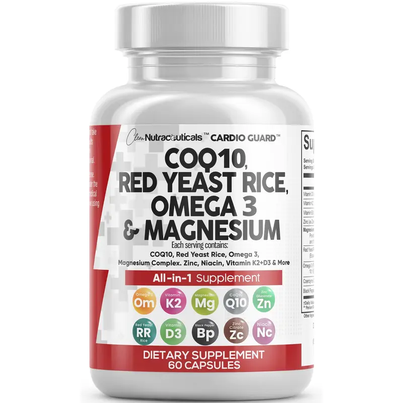 Clean Nutraceuticals COQ10, Red Yeast Rice, Omega 3, Magnesium Complex, Niacin, Zinc, Vitamin K2 D3 & More for Women & Men Supplemet Capsules – Cardio Guard