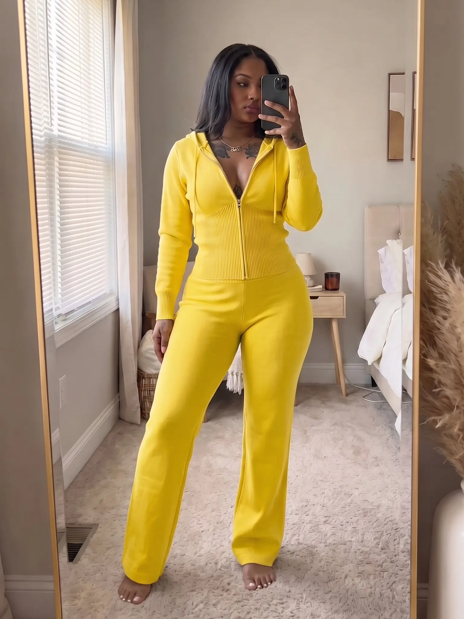 USBoutique Chic 2pcs Sweatsuit for Women-Yellow Zip-Up Hoodie with Pockets & Flare Yoga Pants, Trendy Lounge Set, Casual Fall/Winter Outfit, Athleisure Wear Clothes TopWomenswear