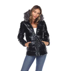 White Mark Women's Metallic Puffer Jacket with Faux Fur Hoodie Extended Sizes