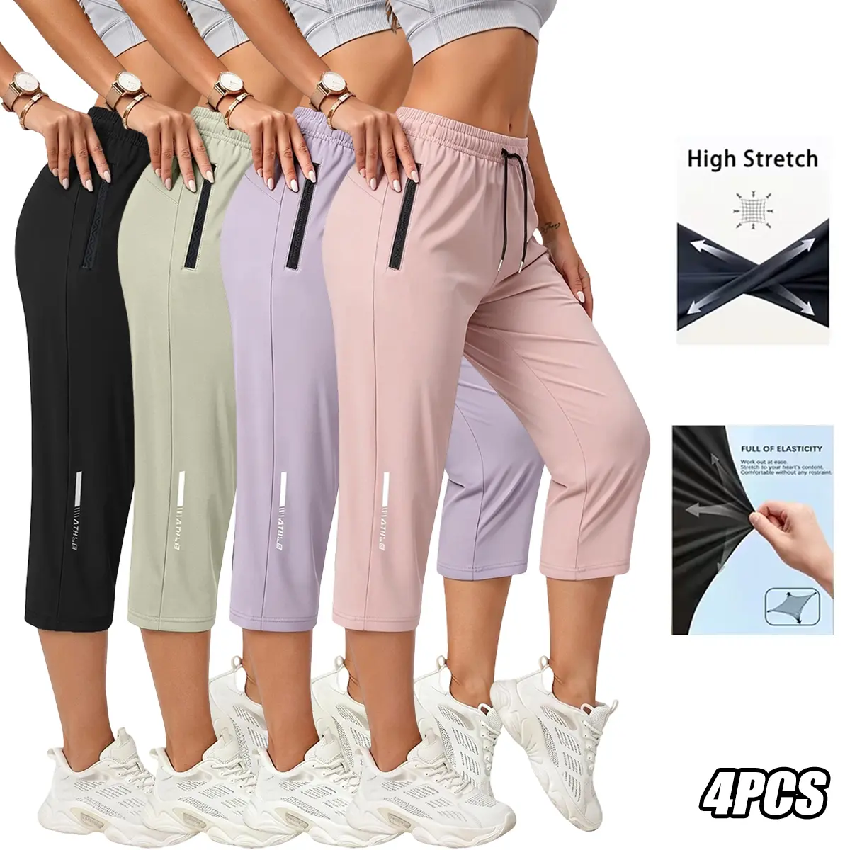 Women's Active Capri Pants, 4-Pack High Waist Solid Leggings with Pockets, Casual Athletic Bottoms for Gym Workouts, Women's Clothes, Clothes, Capri Pants Women, Drawstring Fit