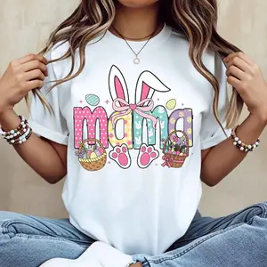 Easter Bunny Mama T-Shirt White Easter Bunny Ears Basket And Paw Prints Mom Design For Spring Celebration
