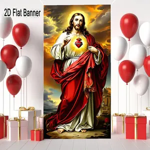2D flat banner, 1pcDivine Jesus Christ Figure Nimbus Red Robe Sacred Heart Decorative Art Print - Religious Wall Art for Spiritual Altar or Home Devotiongalentines party decor, valentine day decor, decorations for valentines day