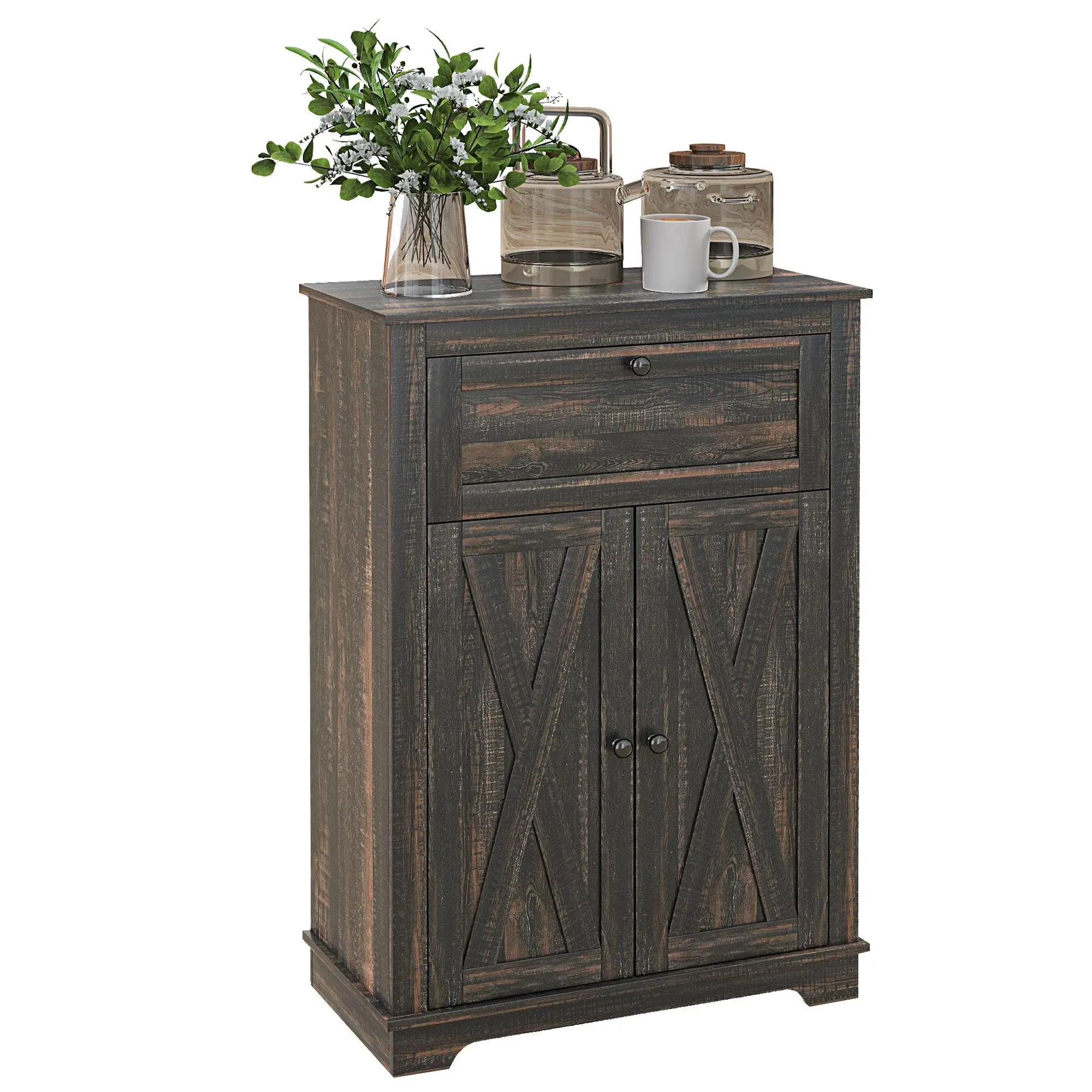 HOMCOM Farmhouse Barn Door Accent Cabinet - Farmhouse Buffet Cabinet, Freestanding Cupboard, Kitchen Sideboard with Double Doors, 1 Drawer, Adjustable Shelf for Living Room, White, Farmhouse Buffet Cabinets