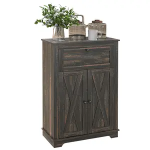 HOMCOM Farmhouse Barn Door Accent Cabinet - Farmhouse Buffet Cabinet, Freestanding Cupboard, Kitchen Sideboard with Double Doors, 1 Drawer, Adjustable Shelf for Living Room, White, Farmhouse Buffet Cabinets
