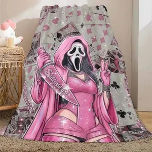 Pink Ghost Face Flannel Blanket Playing Card Print Soft Cozy Warm Lightweight Decorative Throw Perfect for Bedroom Living Room Lounge Gift Parties Applies to Super soft  decorative sofa/sofa/bedroom