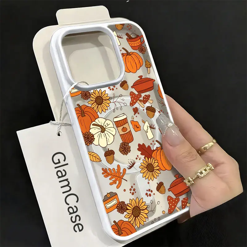 KKLLYY Acrylic Magnetic Cellphone Case - Pumpkin Sunflower Autumn Harvest Design, Cozy Fall Aesthetic Cover for iPhone 11-18 Plus Pro Max, Shockproof Casing with Raised Bezels, Wireless-Friendly Thanksgiving Gift Accessory