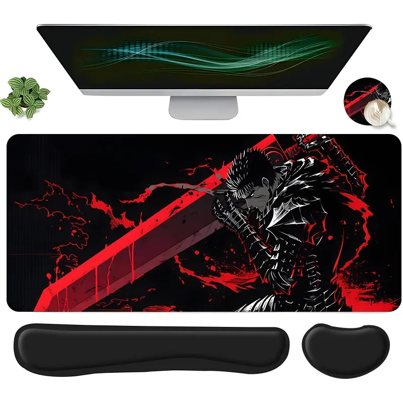 4pcs Bloody Swordsman Design Mouse Pad + Keyboard Wrist Rest + Ergonomic Mouse Pad + Coaster Set, Office Accessories Set with Ergonomic Wrist Support, Computer Mat for Desktop Decoration, Gaming Mouse Pads, Suitable for Home Office Gaming