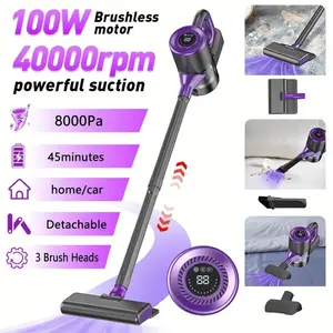 Cordless Vacuum Cleaner with LED Brush Head - Powerful 8KPa Suction, 43.96oz Large Dust Cup, Handheld Stick Vacuum for Carpet and Hard Floors, USB Rechargeable HEPA Filter, Quiet 65dB Compact Storage Design Ideal Home & Apartment Use, Quick