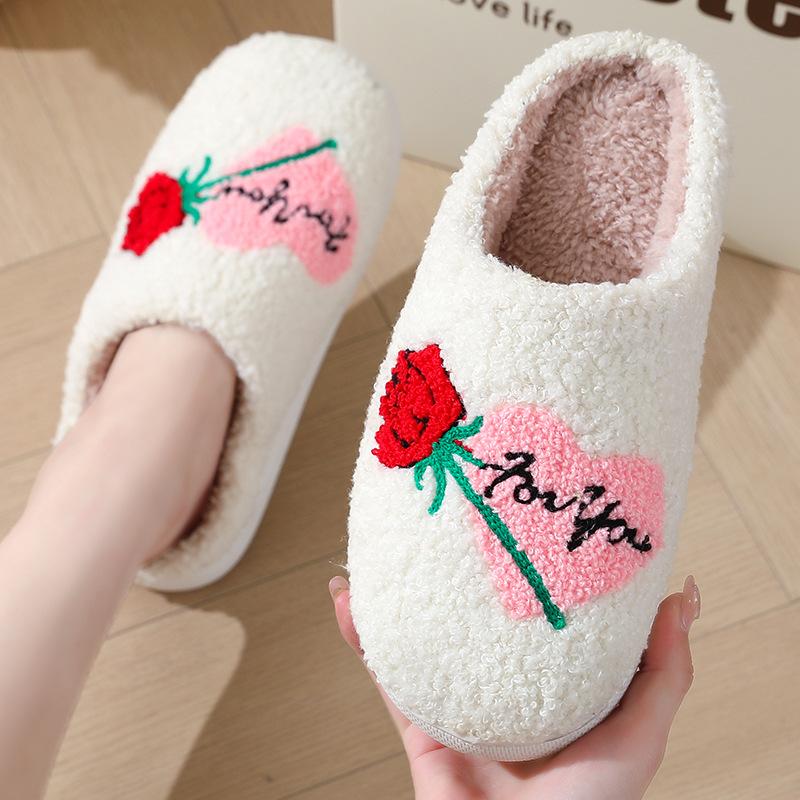 Women's Men's Cute Fuzzy Heart Slippers Memory Foam Fluffy Couple Slippers Cozy House Indoor Outdoor Shoes