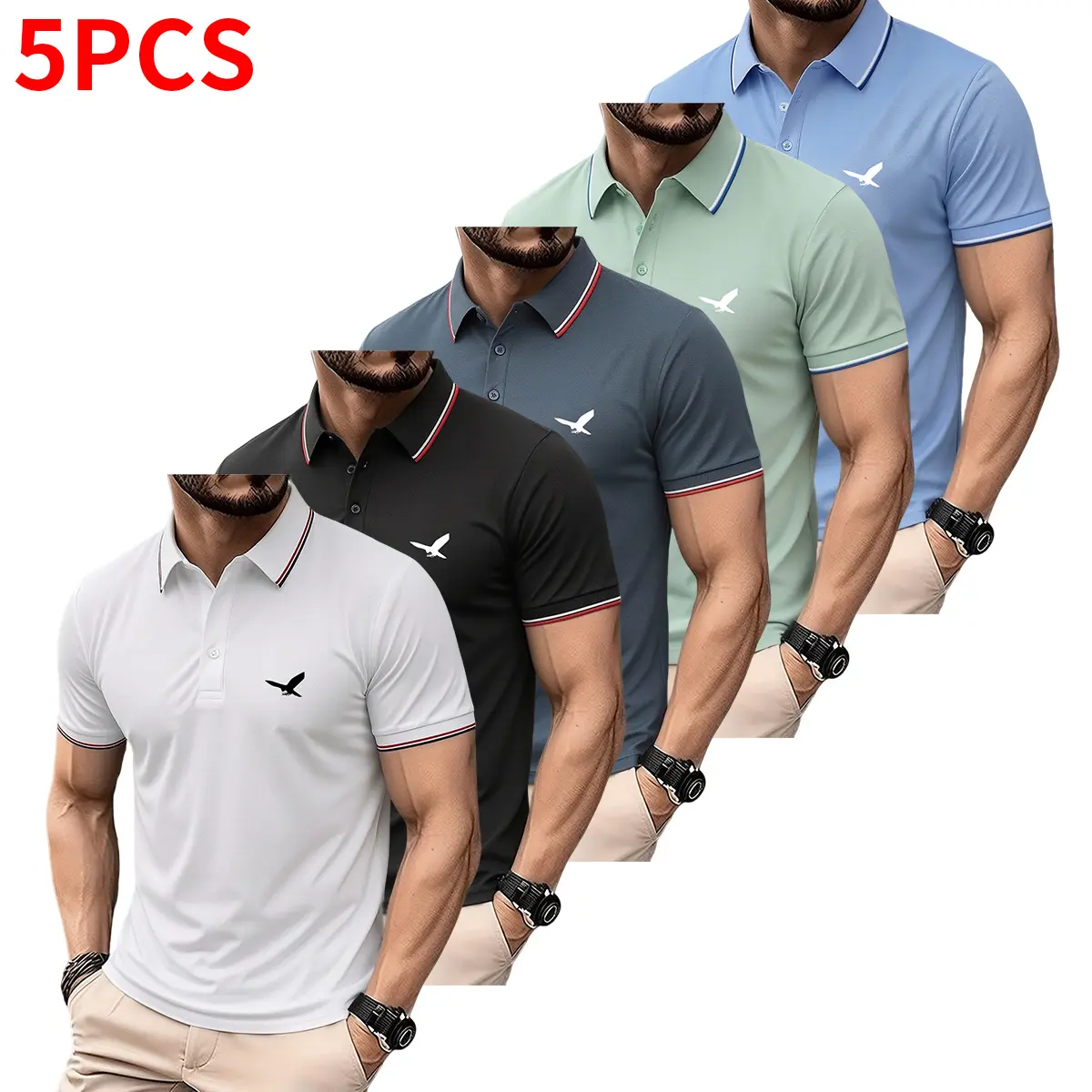 Set of 5 men’s polo shirts: soft, breathable short sleeves, turn-down collar design; golf shirts; suitable for everyday casual wear, outdoor sports, and vacations; men’s short-sleeve T-shirts; menswear.