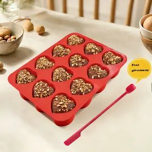 Heart-Shaped Silicone Cake Mold 12-Hole Non-Stick Baking Tray with Butter Spatula Food-Grade High-Temperature Resistant for Oven Microwave Refrigerator Home Baking Essentials