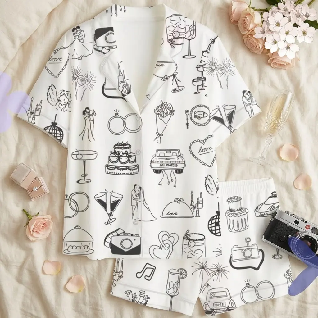 Bridal Pajama Set White Bachelorette Party PJs Cute Wedding Doodles Print Lounge Set Short Sleeve Button Down Shirt Shorts Sleepwear Just Married Honeymoon Gift for Bride Bridesmaids Soft Cozy Nightwear Trendy Matching Pyjamas Women